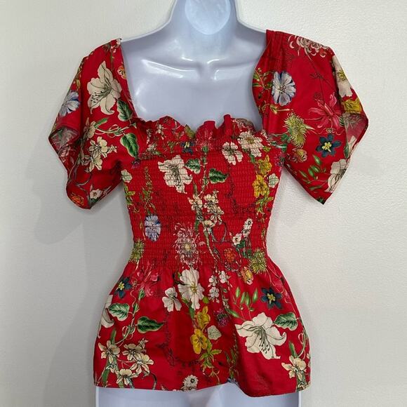 PARKER XS Penn Off-the-Shoulder Floral-Print Blouse, Red, Designer, Smocked - Picture 6 of 9